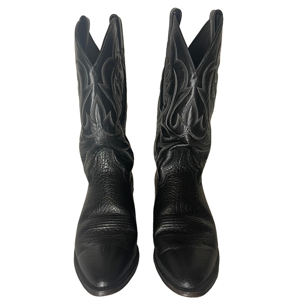 Vintage Dan Post Cowboy Boots Mens 10.5 D Black Leather White Stitch El Paso